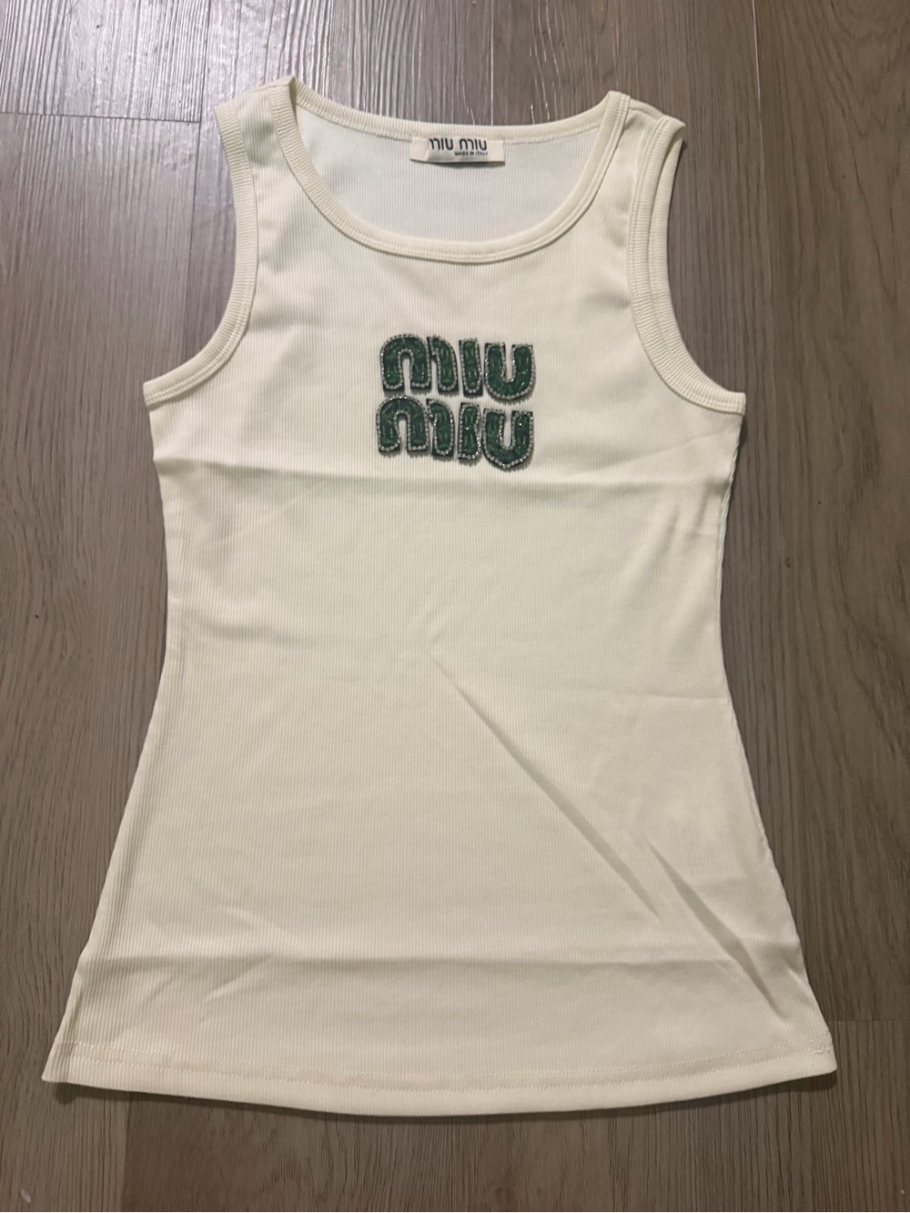 Miu Miu Cream Ribbed Tank with Green Beaded Logo